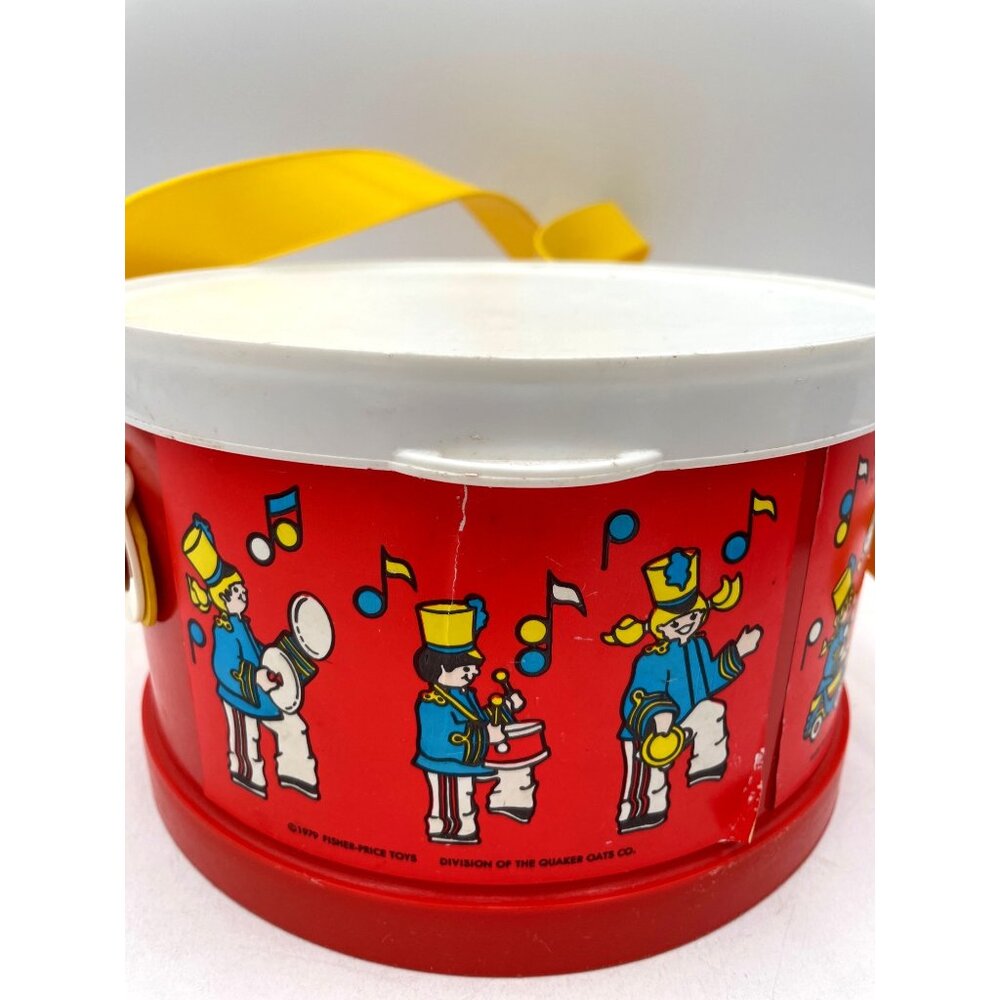 Vintage Fisher-Price Plastic Toy Drum Yellow Handle Marching Band Graphics 1979 - Picture 5 of 16